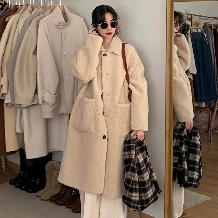 Корейский ленивый стиль кашемировое пальто женский средний длинный 2024 осень и зима новый стиль