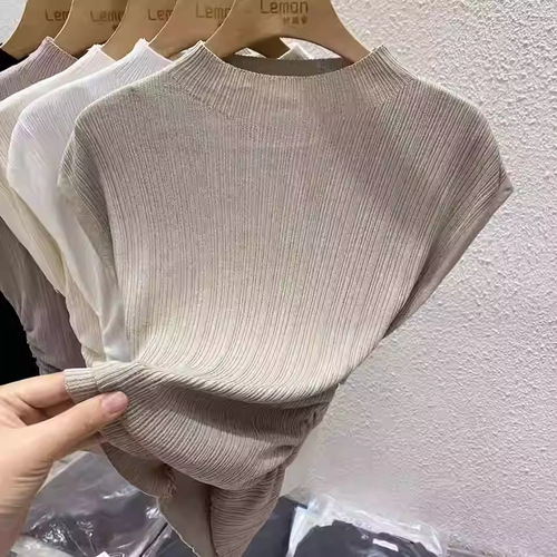 2025 Summer Half High Neck Knitted Short Sleeve T-Shirt Women's Design Sense Niche Thin Underwear French Style Body Shaping Top 