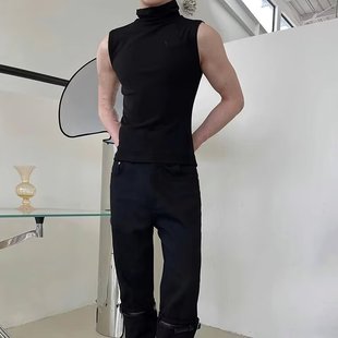 Black High Collar Sleeveless T-shirt Men's Summer Internet Celebrity Fried Street Vest European and American Trend Tight Sports Base Shirt