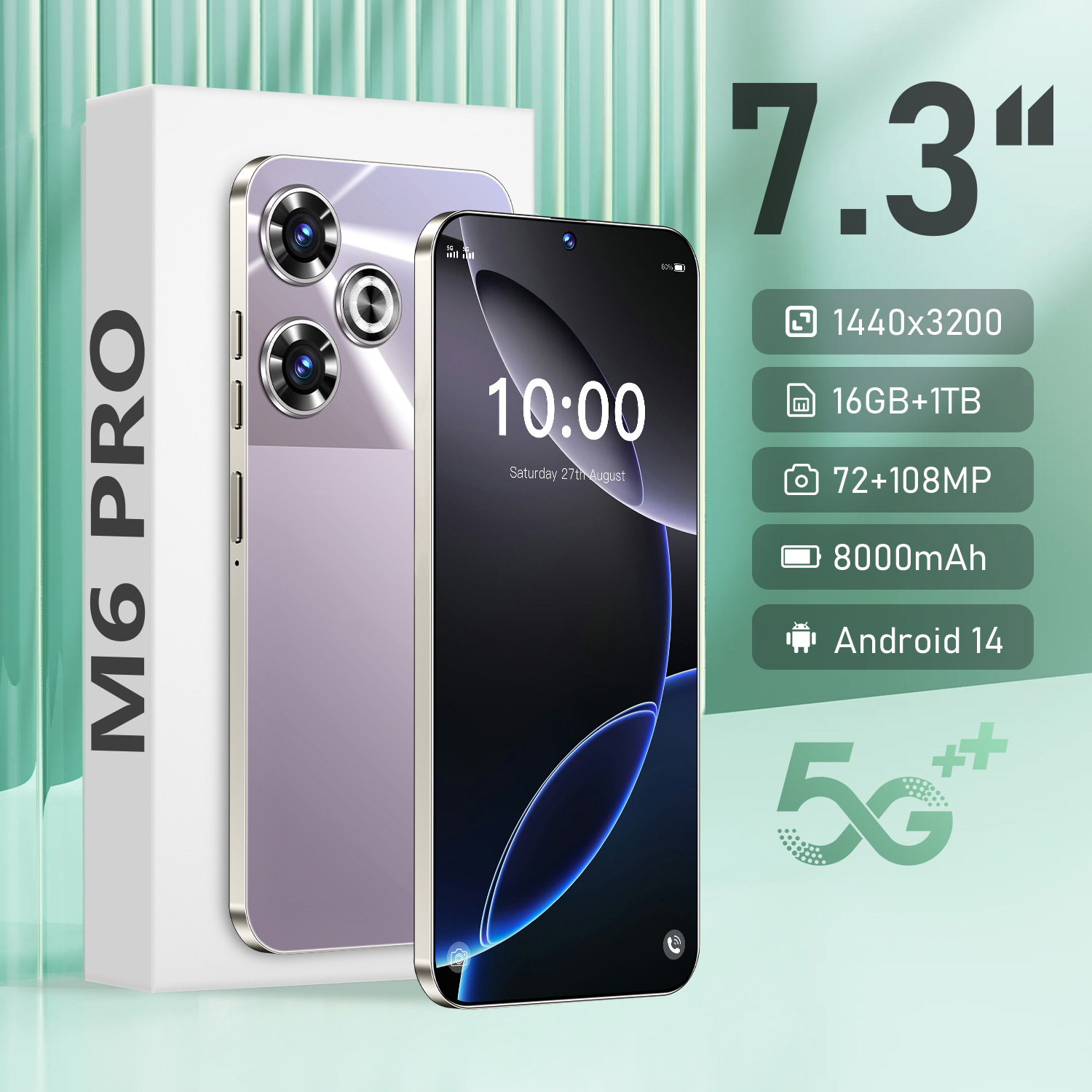 New Cross-Border Popular Smartphone M6 Pro Android 7.3inch Large Screen Smartphone 16+1t New Mobile Phone