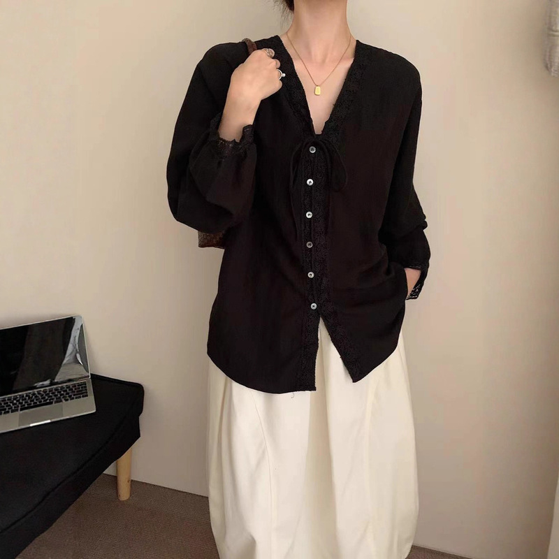 Real Shot of Lace-Trimmed Long-Sleeve Shirt for Women, 2025 Autumn New Style, V-Neck Tie, Loose and Lazy Style Top