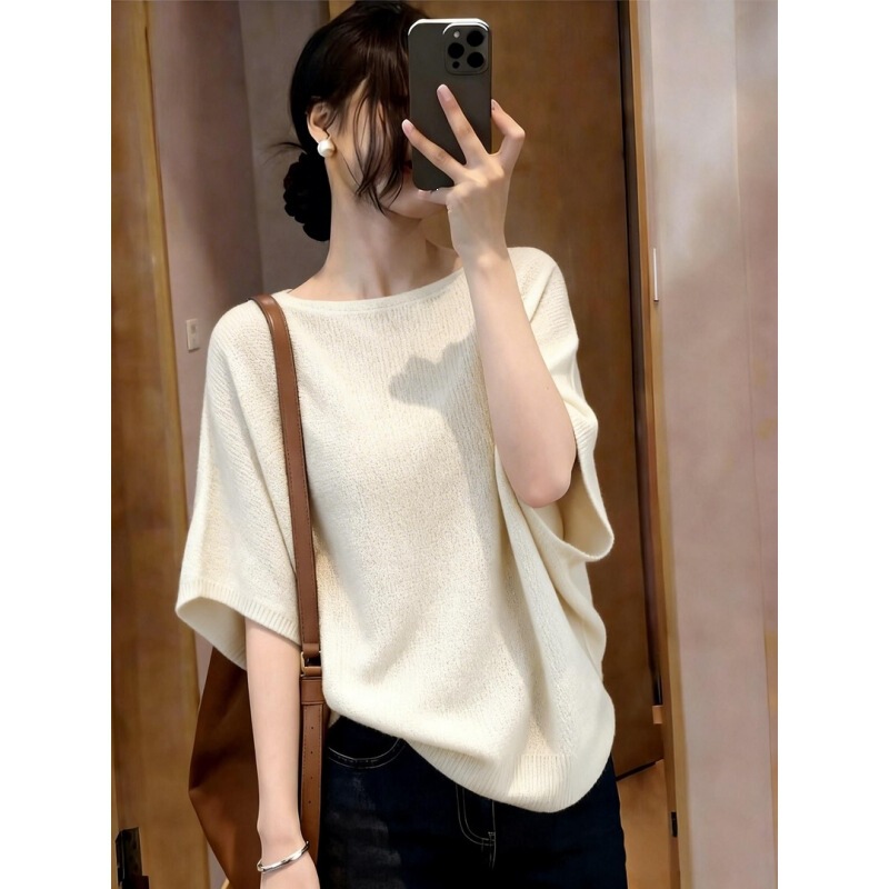 Simple Loose Batwing Sleeve Ice Silk Knit Top for Women, Summer Off-Shoulder Design, Slimming and Flattering, 2026 New Versatile Top