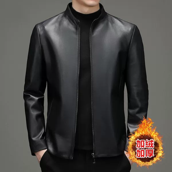 [Thickened Stand Collar Leather Jacket] [Black]