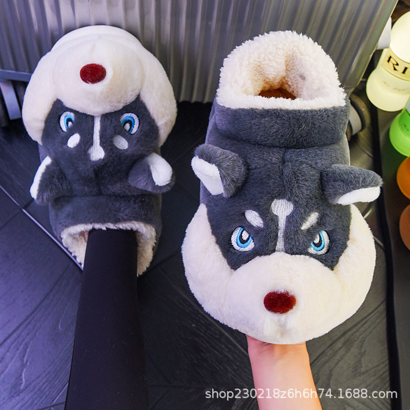 Men's Cotton Slippers with Bag Men's Winter Home Indoor Warm Couple Cute Husky Plush Slippers for Winter