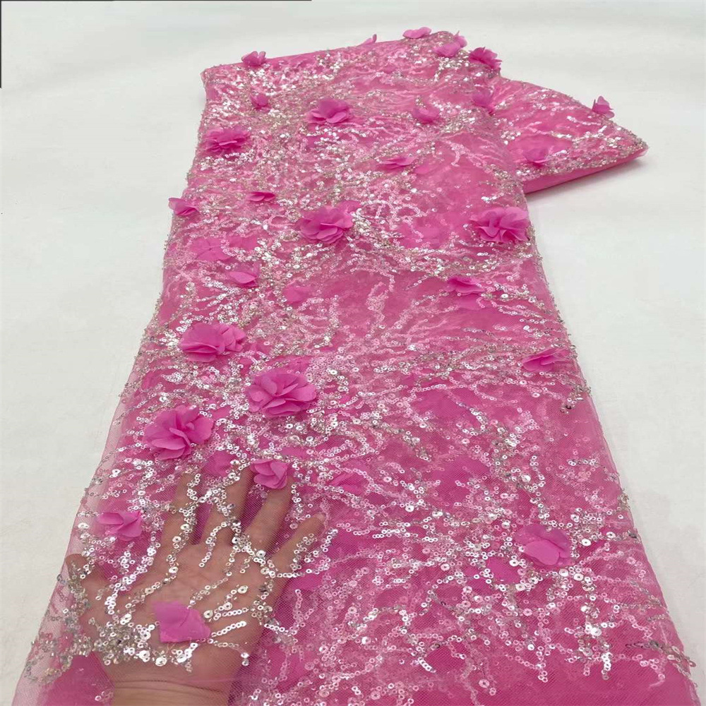 Vestido de novia francés versión completa bordado lentejuelas con cuentas tela de encaje bridal 3d lace fabric