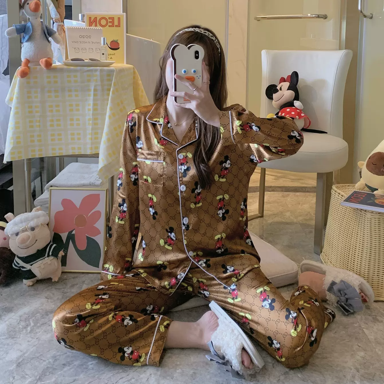 跨境睡衣女秋冬仿真丝冰丝丝绸开衫印花大码宽松长袖家居服女套装