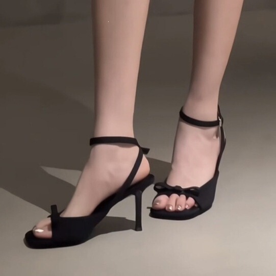 Open-Toe Sandals, High-Heeled Sandals, 2026 Spring and Summer Ankle Strap Women's Fashion High Heels with Bow, Long Legs, Slim