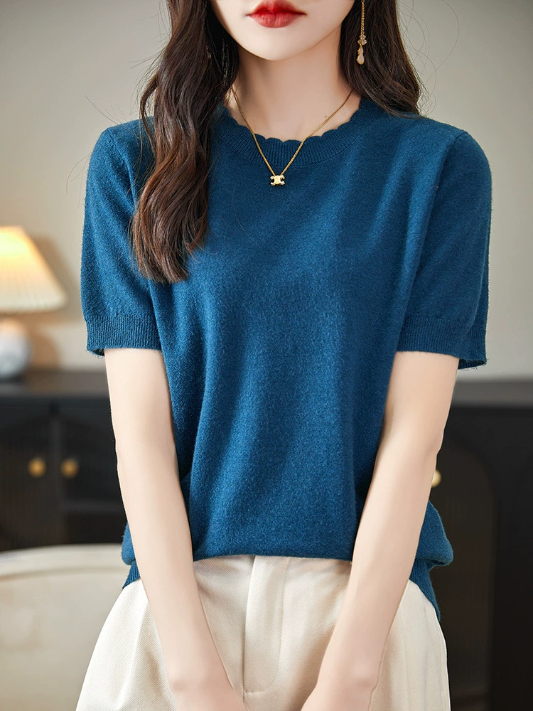 Шикарная кружева с круглым вырезом с полукругом нижняя рубашка женская 2024 новая весна и лето трикотажная тонкая белая футболка с короткими рукавами