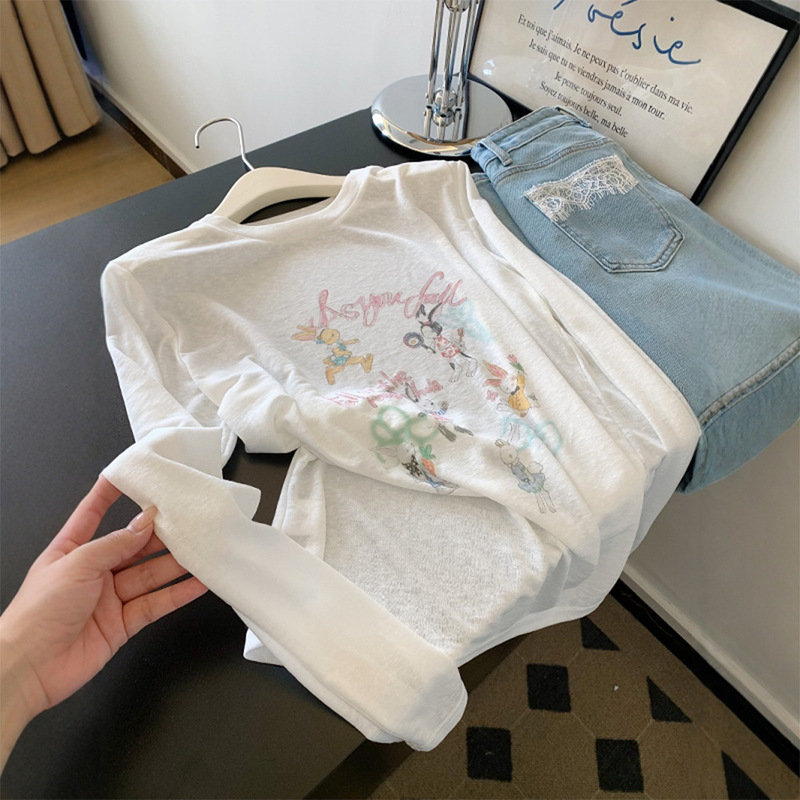 White Thin Slightly See-Through Printed Long-Sleeved Sun Protection Blouse T-Shirt Women's Popular Summer Beautiful Top Export Wholesale