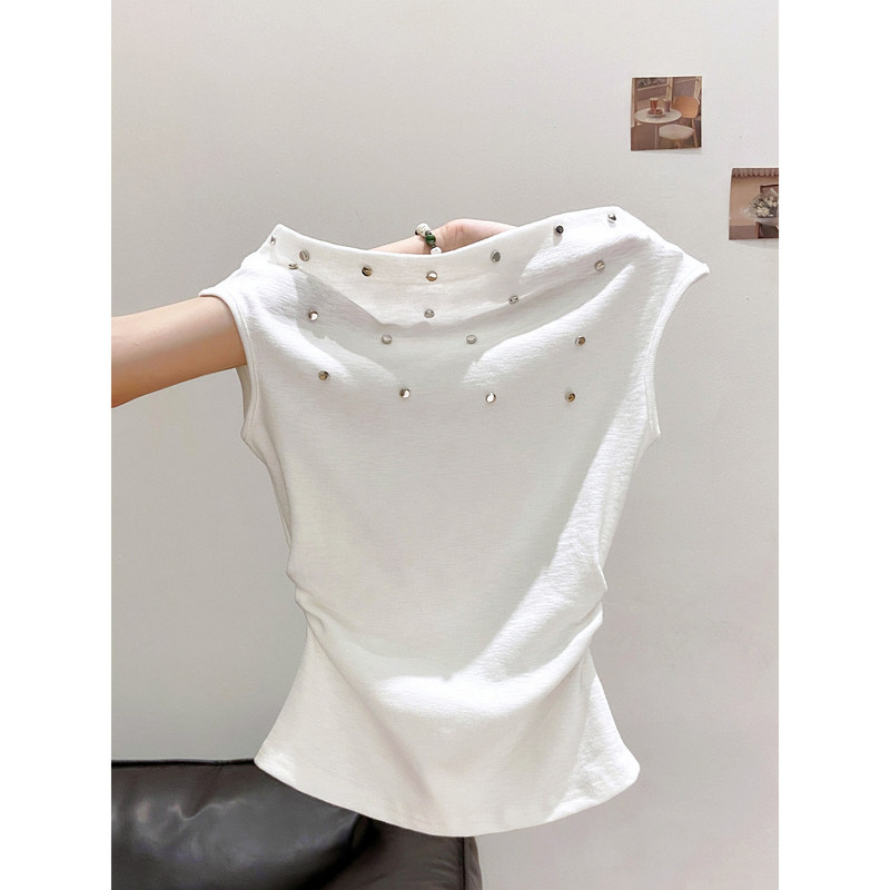 260g premium cotton ribbed fabric, 46% viscose, 46% cotton, 8% spandex】Off-shoulder T-shirt for women, summer, waist-cinching, sleeveless top 260g premium cotton ribbed fabric, 46% viscose, 46% cotton, 8% spandex】Off-shoulder T-shirt for women, summer, waist-cinching, sleeveless top