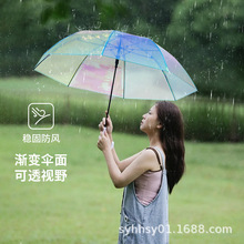 厂家直销八骨炫彩透明雨伞镭射伞高颜值女大号长柄加厚变色透明伞