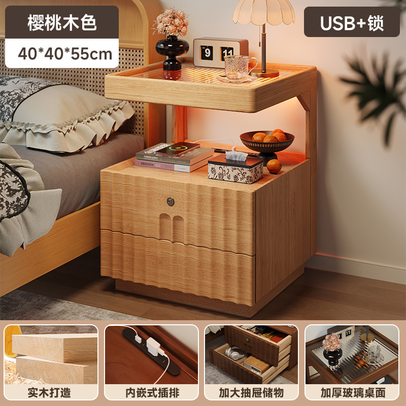 Mesita de noche de estilo antiguo de madera maciza Dormitorio doméstico 2025 estilo explosivo con cerradura Armario de almacenamiento de cabecera de alta gama de lujo ligero