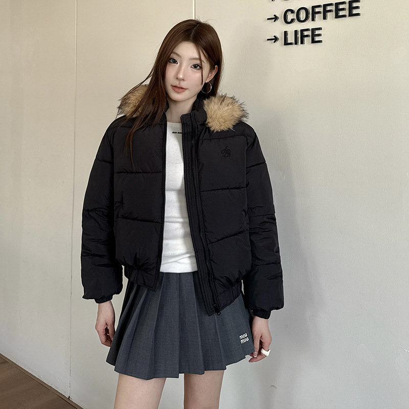 2025 invierno nuevo cuello de lana con capuchón de diseño de pluma de moda coreana corta suelta chaqueta de algodón chaqueta image 3