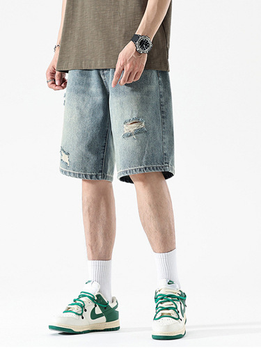 Men's American Design Style Denim Shorts 2025 Summer Hong Kong Style Ins Loose Straight Leg Casual Five-Pocket Pants