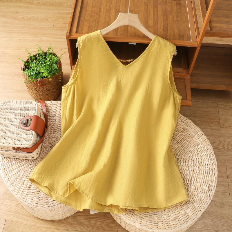 High-End European-Style Summer New Design with Unique Back Tie V-Neck Sleeveless Pure Linen Tank Top Shirt for Women