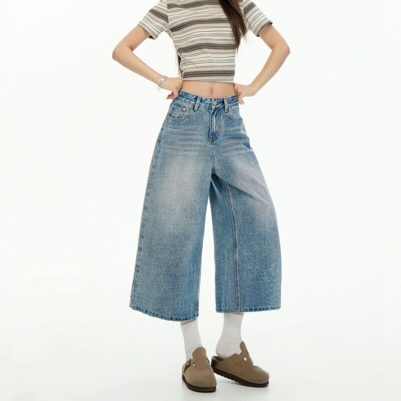 Light Blue High-Waisted Straight-Leg Cropped Jeans for Women, 2026 Summer New Style, Loose Fit, Slimming, Versatile Denim Shorts