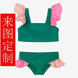 大码童装女生初中生带胸杯泳衣墨绿色玫红分体泳衣冲浪服定制工厂