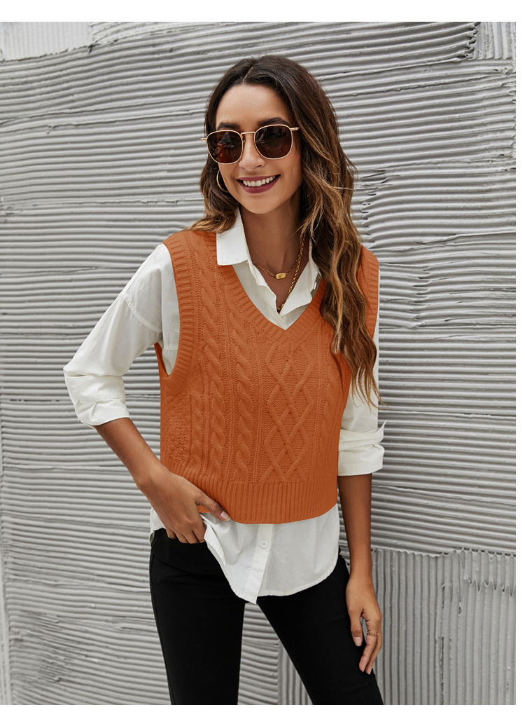 Solid Color V-Neck Cable Knitted Sweater Vest NSYH82724