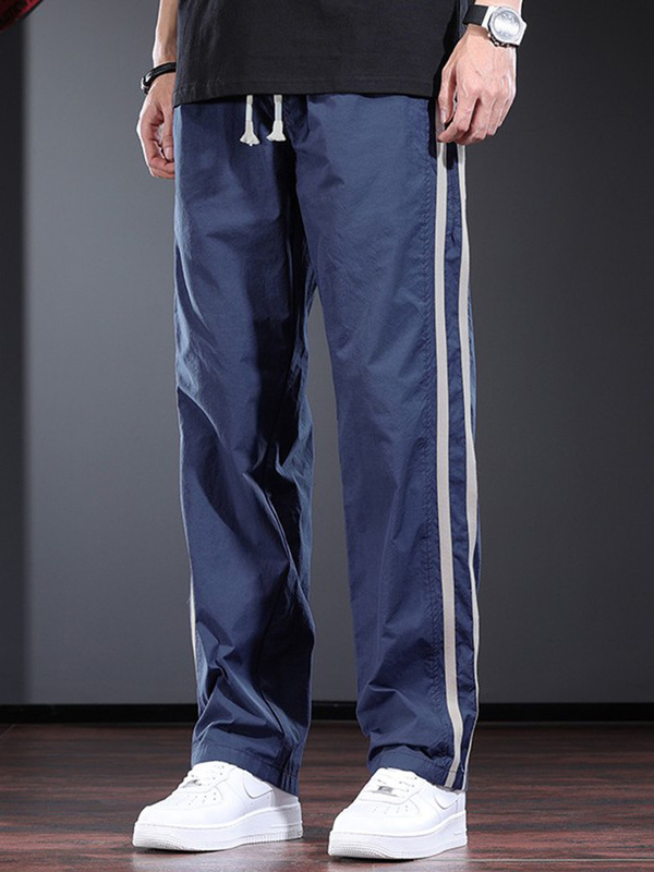 Striped Casual Pants for Men, Summer Thin Style, Unique Design, Loose Straight-Leg Trousers, Trendy Blue Men's Pants