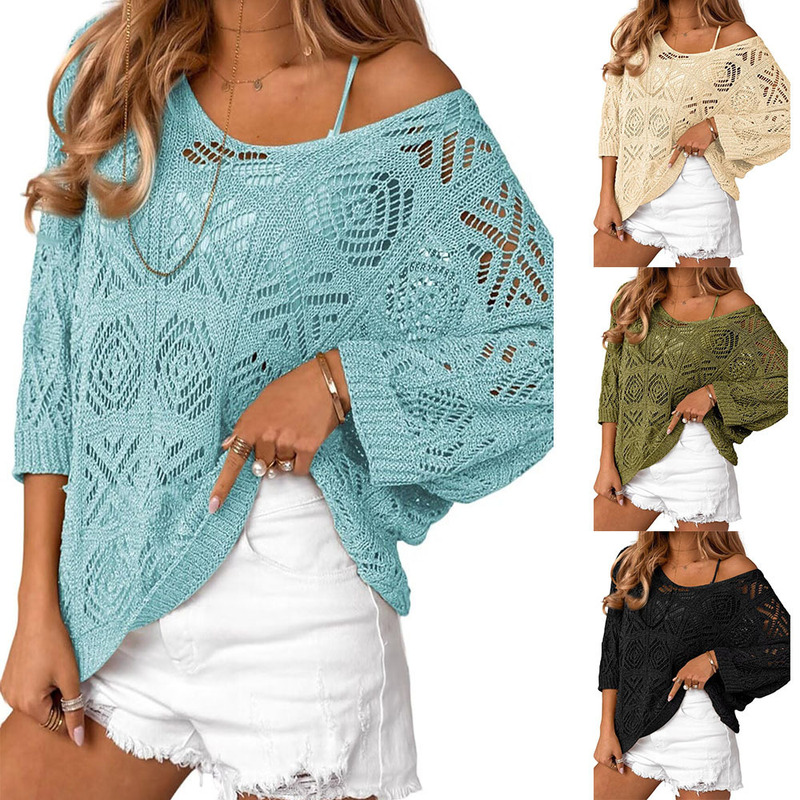 2025 Amazon Cross-border Europe and the United States Spring and Summer Women's Crochet Hollow Seven-point Sleeve Pullover Sweater Shoulder T-shirt Women's Wear