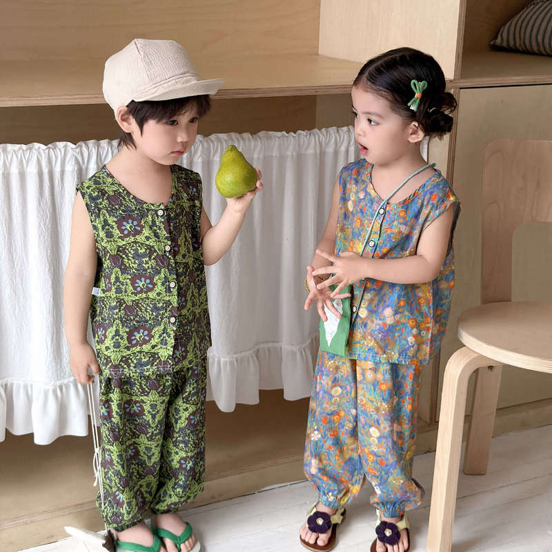 Summer Children's Rayon Vest and Pants Set, Boys and Girls Cotton Silk Top and Anti-Mosquito Pants Two-Piece Set