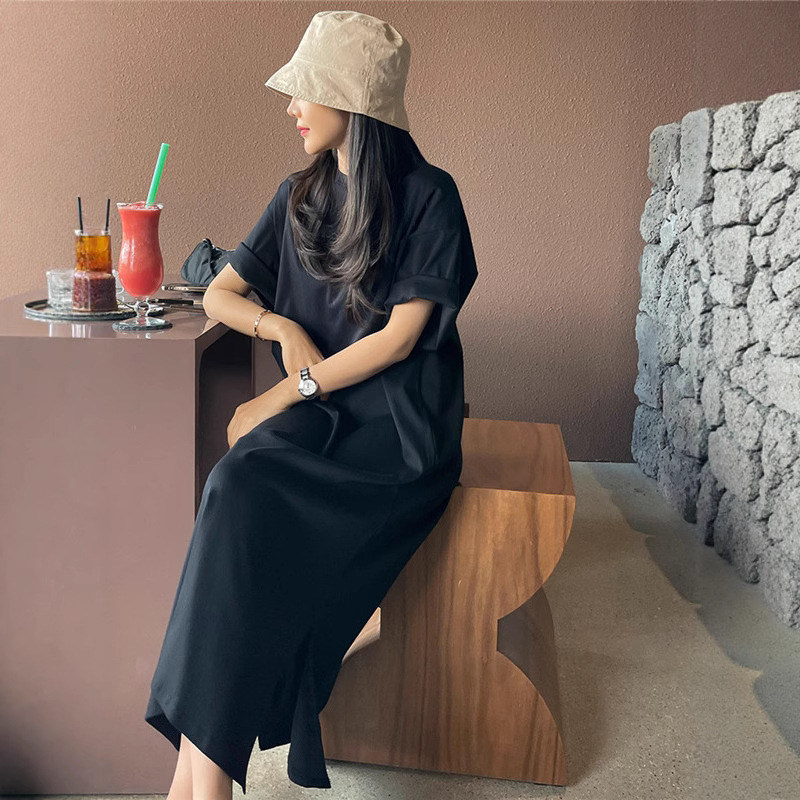 Mid-Length Over-The-Knee Pure Cotton Short-Sleeved Dress for Women Summer 2025 New Large Size Loose Lazy Style Slit T-Shirt Dress