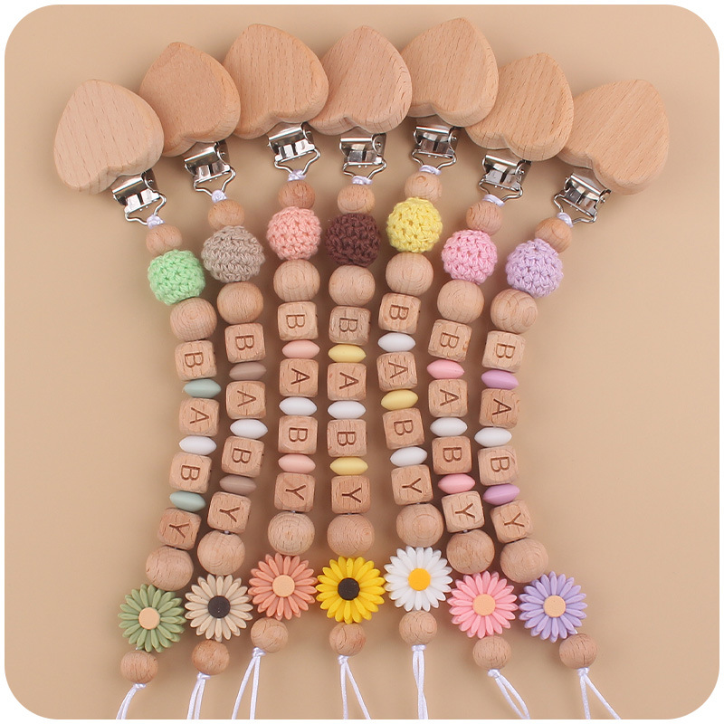Nuevo bebé haya melocotón corazón calmante bebé DIY dibujos animados Margarita cuentas de silicona mordedura pezón cadena
