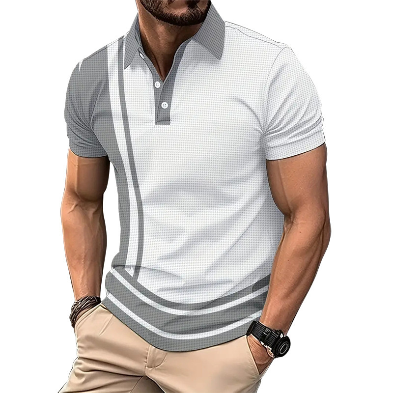 Summer New Men's Polo Shirt Short Sleeved 3D Printed Striped Button Waffle Pattern T-Shirt For Men_voghion.com
