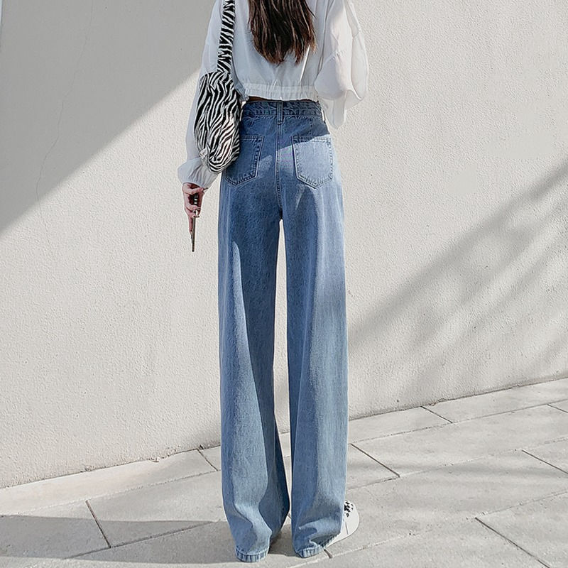 Multi-button Adjustable Jeans Women's High-waisted Slim-fit Student's All-match Loose Straight Korean Style Wide-leg Dipped Trousers