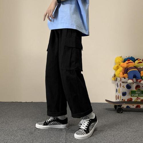 Military Green Work Pants for Men, Trendy Loose Straight Spring and Autumn Casual Pants, Versatile Korean Style Trendy Wide Leg Pants for Men