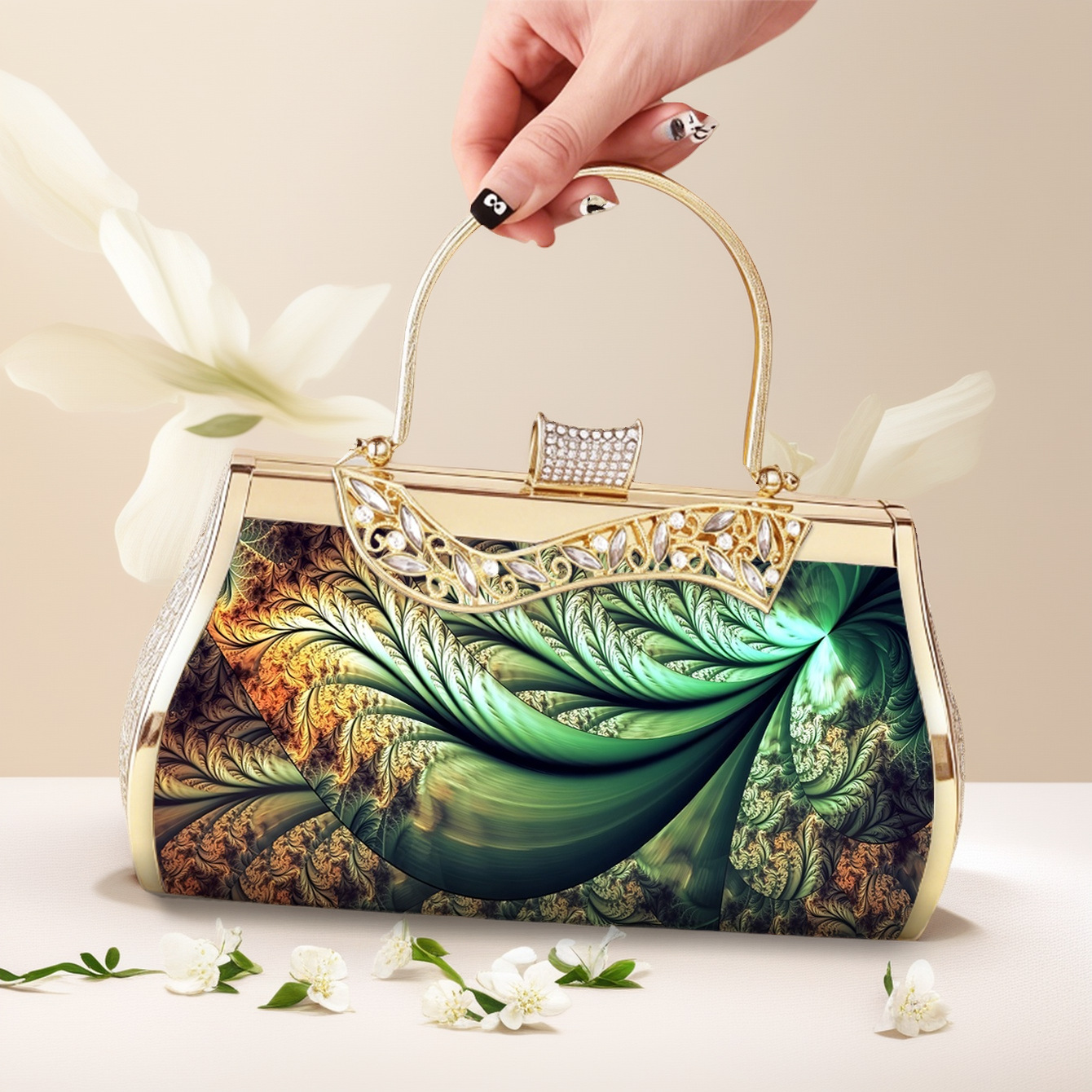 Elegante Abendtasche In Smaragdgrün Mit Blumenmuster Und Gold_voghion.com