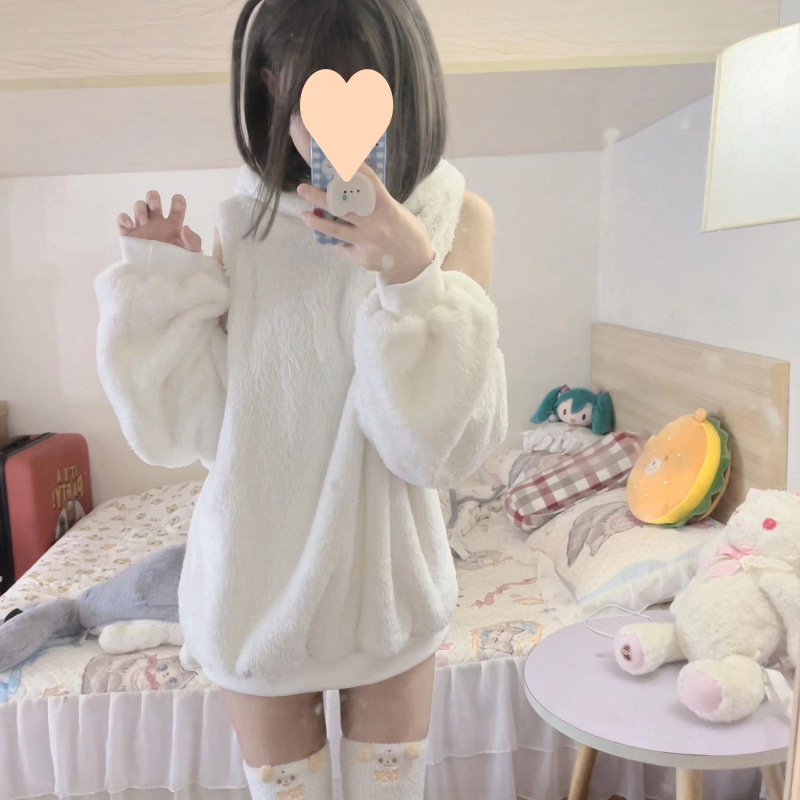 奶味羊咩咩露肩可愛日系軟妹羊羔絨套頭衛衣外套+短褲套裝女潮