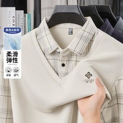一件代发 秋季男士长袖假两件t恤中老年爸爸秋装上衣翻领男式衣服