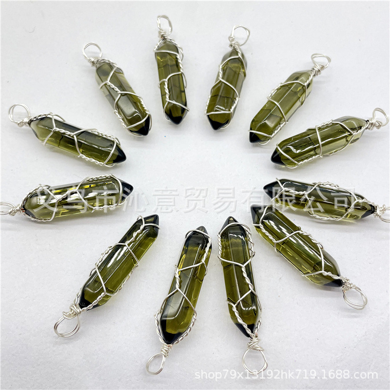 Comercio exterior caliente bobina hexagonal columna colgante collar de cristal natural hecho a mano de plata hilo bala joyería al por mayor