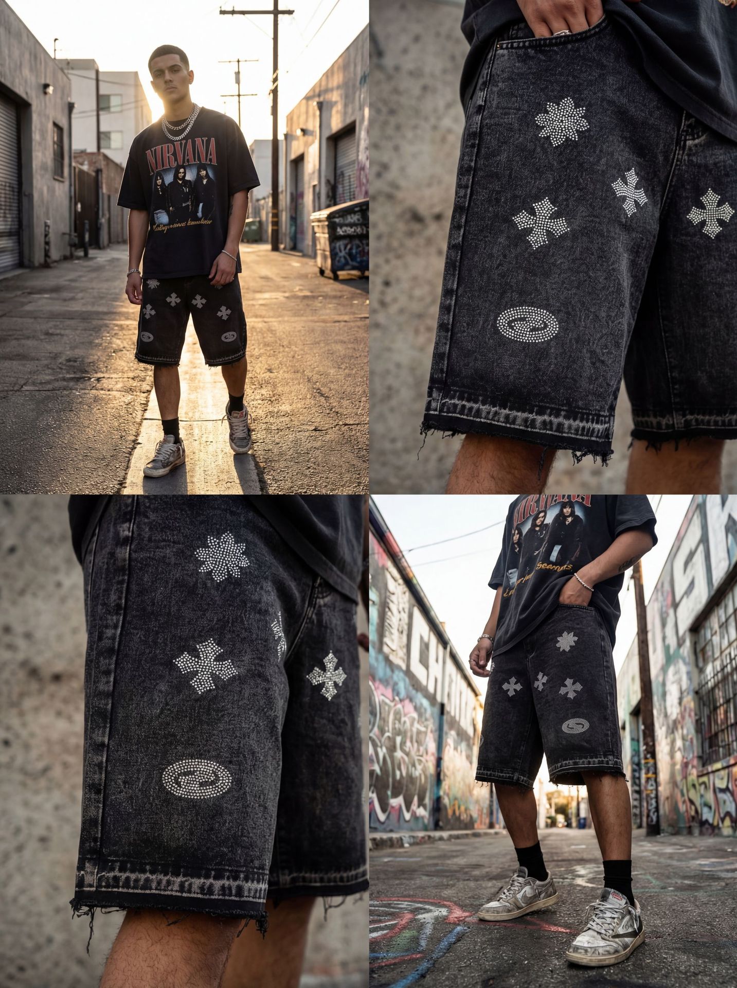 Pantaloncini di jeans da uomo con croce in strass diritto_voghion.com