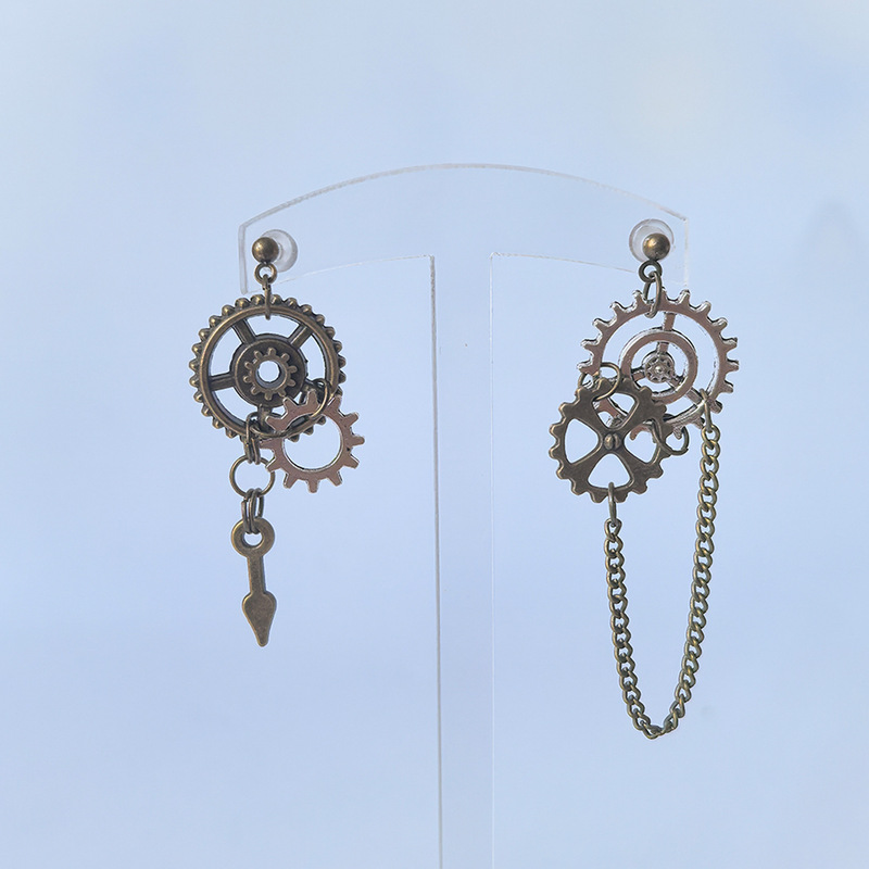 Cross-Border Hot Selling Gear Chain Personalized Asymmetric Earrings European and American Retro Fashion Long Gear Earrings Earrings