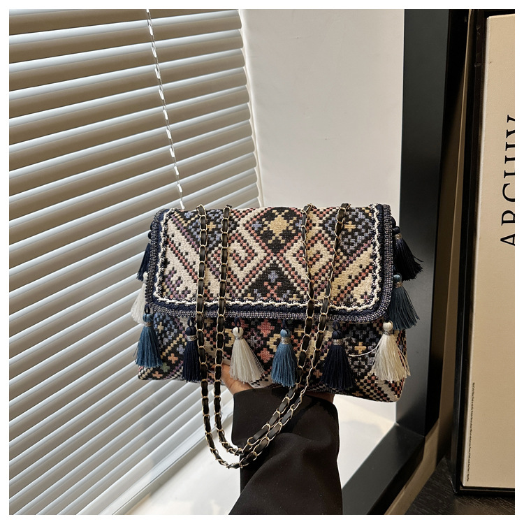 336g Weight Flip Cover Closure Type Single Shoulder Strap Strap Type Shoulder Bag Bags Type Casual, Holiday Occasion Cloth Material Geometric Pattern All Seasons Season Women's Gender Elegant, Ethnic Style Style Square Shape Women's Cloth Geometric Elegant Ethnic Style Square Flip Cover Shoulder Bag 34