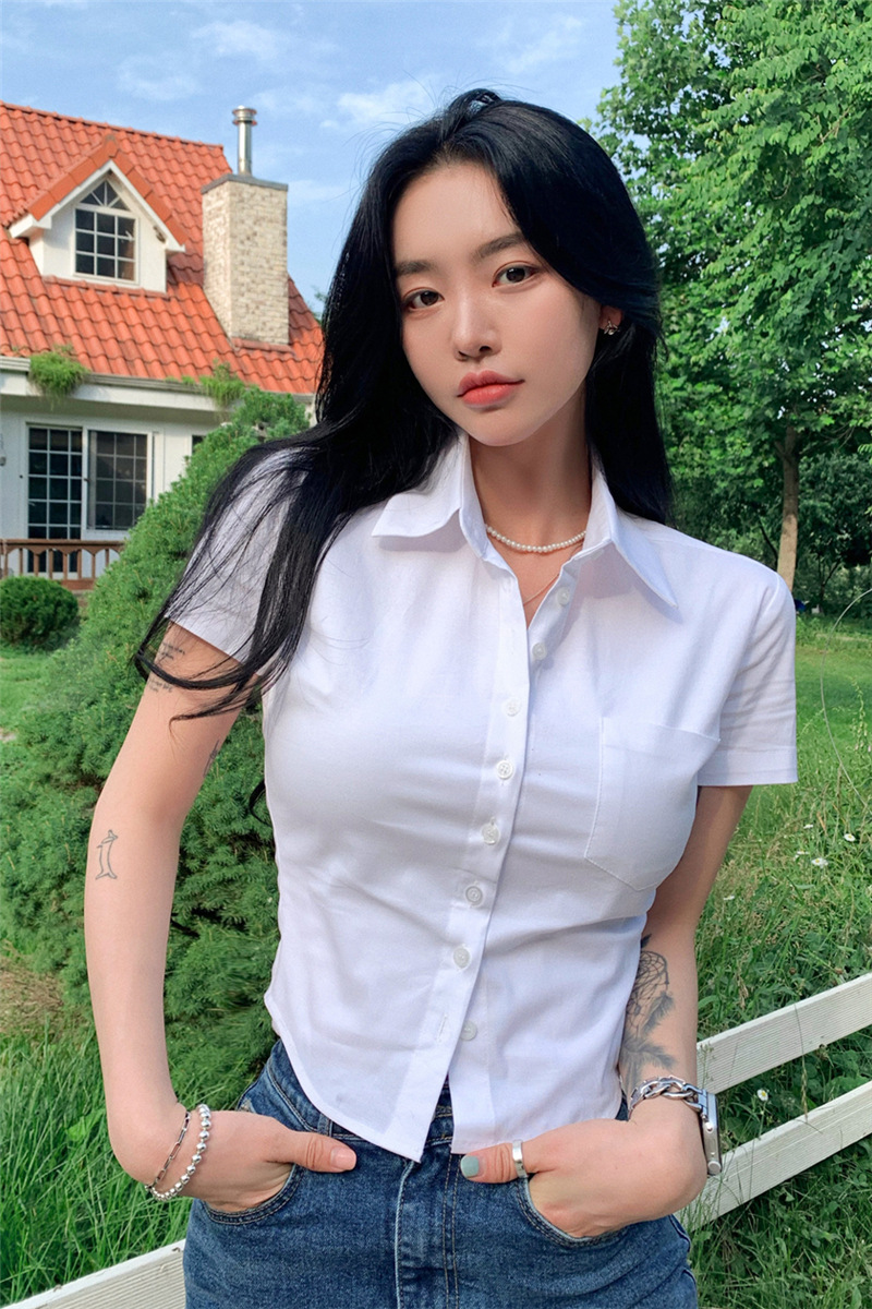150g Weight Short Sleeve Sleeve Length Single Breasted Placket Type Regular Sleeve Sleeve Type 4-Way Stretch Fabric, Polyester Fabric Type Short Top Length Blouse Tops Type Daily Occasion Shirt Collar Neckline Slim Fit Type Solid Color Pattern Summer, Spring Season Women's Gender Casual, Classic Style Style Wholesale Women's Casual Classic Style Solid Color Short Sleeve Blouses 15