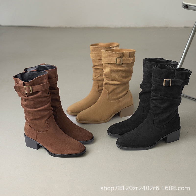 Comercio exterior transfronterizo nuevos zapatos de mujer botas de vaquero botas de talón grueso cinturón de hebilla plegable botas de pila de barril corto ocio versátil mujer image 5