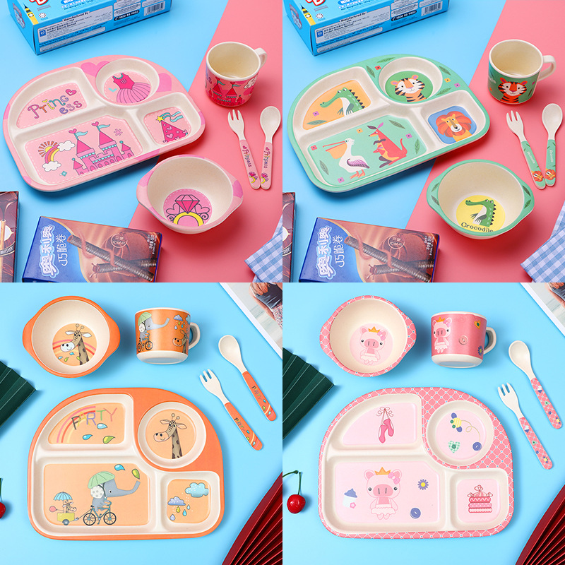 Bamboo Fiber Children's Tableware Set Divided Plate Gift Cartoon Five-Piece Set Cute Bowl Cup Spoon Fork Tableware Wholesale