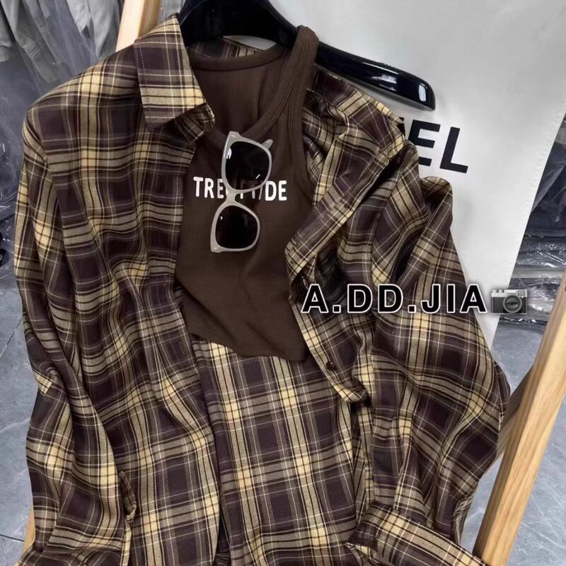 New Trendy Korean-Style Long-Sleeve Plaid Shirt Fashion Niche Slimming Lazy Design Versatile Loose Top for Women