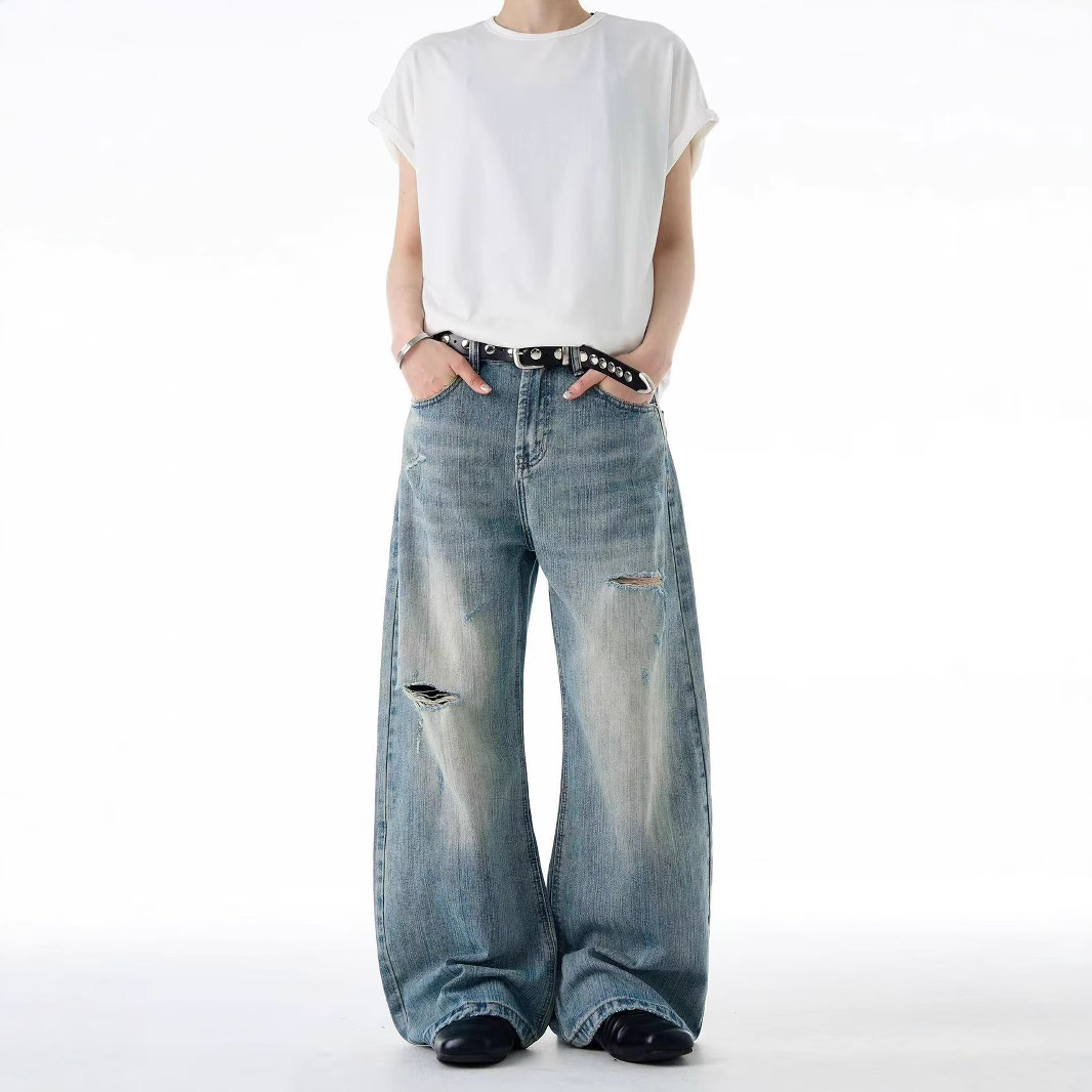 American Retro Distressed Bamboo Pattern Ripped Jeans for Men and Women, Loose Wide-Leg Design, Scimitar Pants, Trendy Brand
