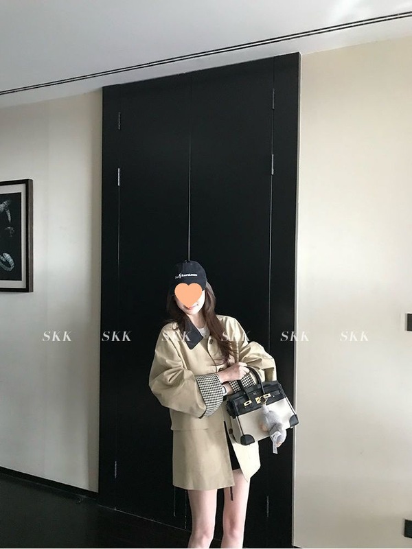 高智巴恩风卡其色风衣撞色格纹拼接短款宽松外套女秋季新款流行潮|undefined