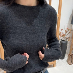 通勤百搭修身圆领羊绒针织衫女秋冬灰色内搭毛衣气质羊毛打底衫