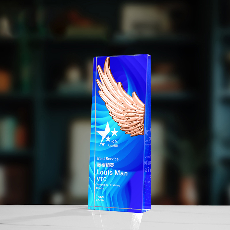 Trofeo de cristal de grabación reunión anual de competición de premios medallas de metal de madera sólida colorido trofeo de cristal impreso
