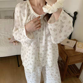 韩国ins女士秋季新品韩系双层加厚棉纱落叶知秋家居服睡衣套装女