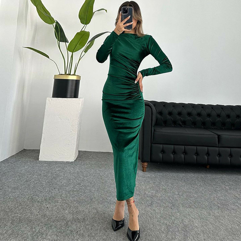462g Weight Midi Dress Dress Length Type Long Sleeve Sleeve Length Velvet Dress Dresses Type Spandex, Polyester Fabric Type Mid Waist Waist Line Banquet, Evening Party Occasion Round Neck Neckline Slim Fit Type Solid Color Pattern Spring Season Women's Gender Elegant Style Wholesale Women's Elegant Solid Color Banquet Evening Party Round Neck Long Sleeve Velvet Dress 6
