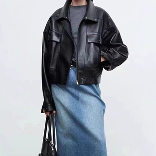 港风Y*L进口羊皮覆古宽松皮衣潮女短款廓形真皮夹克休闲外套2026