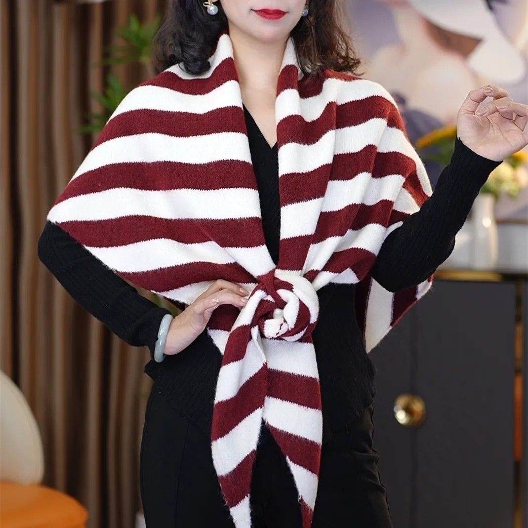 Casual Outfit with Striped Triangle Shawl, Blended Scarf for Women, Autumn and Winter Neck Warmer, Knitted Outerwear Shawl