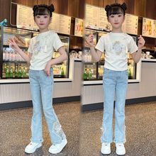 女童夏季新款套装女孩新中式国风短袖恤刺绣牛仔喇叭裤两件套潮